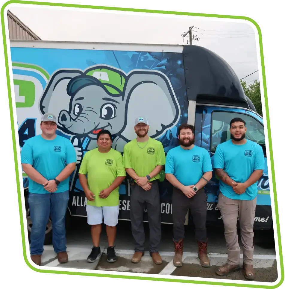 All Airs HVAC repair technicians standing by service truck in Hiram, GA.